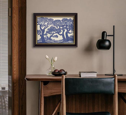 Vintage Gold Framed Wall Art Oak Tree Forest Painting Canvas Prints Blue - Image 7