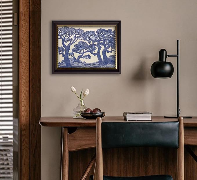 Vintage Gold Framed Wall Art Oak Tree Forest Painting Canvas Prints Blue - Image 9