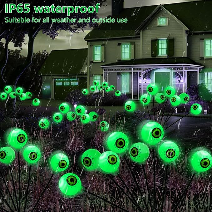 Halloween Decorations Outdoor Lights - 4 Pack 32LED Solar Halloween Scary Eyeball Pathway Lights Swaying by Wind, Waterproof Solar Halloween Stake Lights for Garden Porch Lawn Pathway (Green)