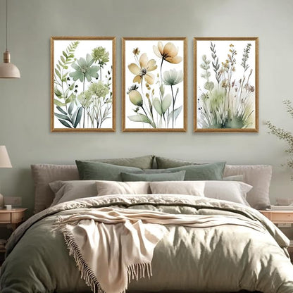SYWENNOI 3 Pieces Wood Framed Green Botanical Canvas Wall Art, Boho Floral - Image 3