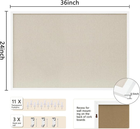 DAHAPYBOO Cork Board with Linen White, Bulletin Board 36"x24" Hanging Corkboards - Image 2