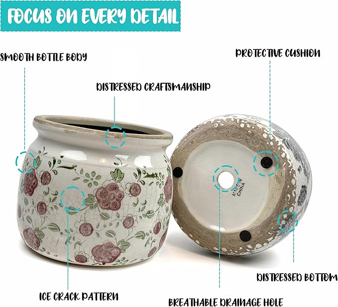 Vintage Ceramic Ice Crack Flower Pot with Drainage Holes, Country Rustic Planters for Indoor and Outdoor,Tuscan Decor,Home,Living Room, Garden Decor, Gardening Gift (Garden)