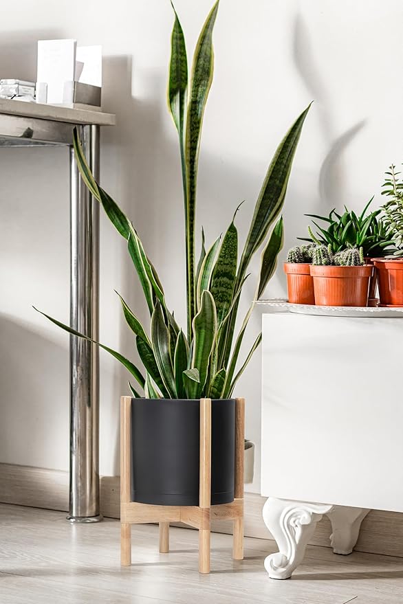 D'vine Dev Planter Pot with Stand - 10 Inch Plastic Cylinder Flower Pot with Wood Planter Holder for Indoor, Matte Black Pot + Natural Stand, 55-C-M-2