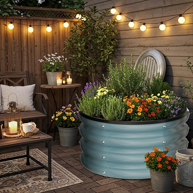 ZXZYHFTY Round Galvanized Raised Garden Bed kit, Blue Outdoor Garden Raised Planter Box, Round Large Metal Raised Garden Beds for Vegetable 2 * 2 * 1ft 3 Pcs