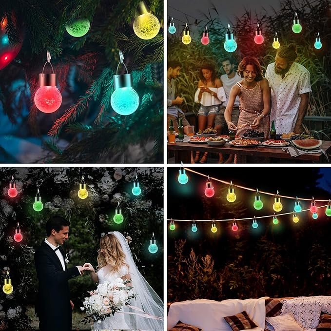 12 Pack Hanging Solar Lights Outdoor Decorative, Waterproof Solar Globe Lantern with Handle and Clip, Solar Powered Cracked Glass Ball Lights for Garden Yard Patio, Fence Tree Umbrella, Holiday Decor