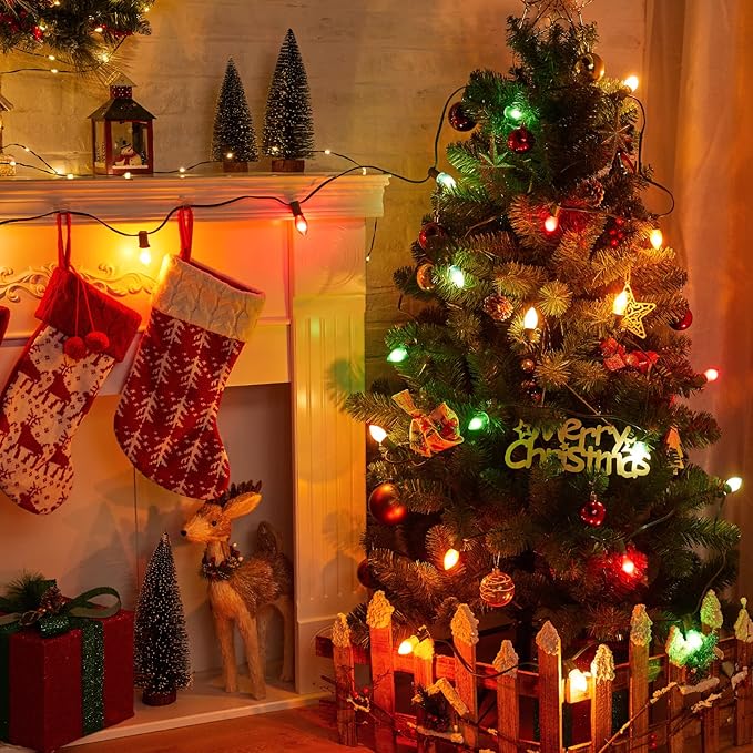 Multicolor C7 LED Christmas Lights Outdoor, 50FT Colorful Christmas String Lights with 50+2 Plastic Bulbs, Traditional Hanging Holiday Lights for Christmas Tree Patio Fence Roofline Xmas Decorations