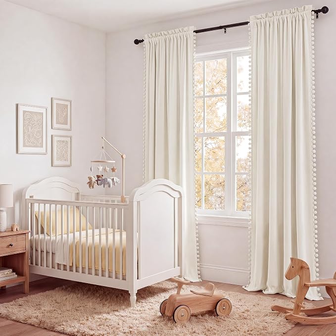 NICETOWN Cute Pom-Pom Trim Velvet Curtains 8 ft Long, Ivory White – Delicate - Image 4