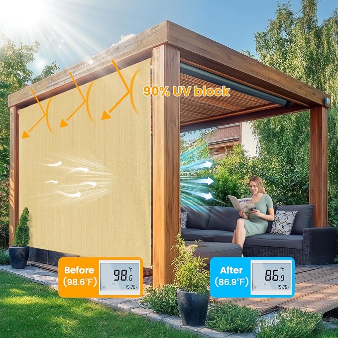 6'W x 8'H Sesame Patio Shades Roll up Outdoor Roller Shade Crank Wand Blind - Image 2