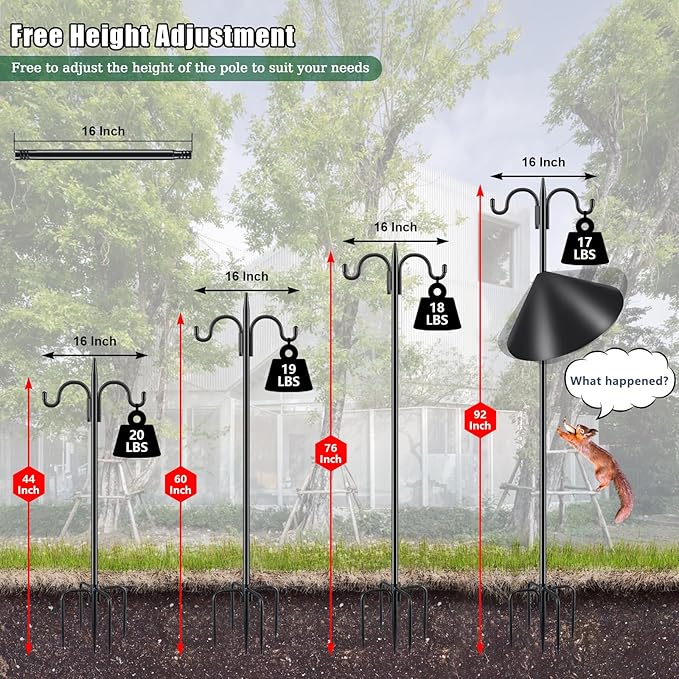 Gtongoko Bird Feeder Pole Squirrel Proof, 92 Inch Double Shepherds Hook for Outdoor with Squirrel Baffles Adjustable Heavy Duty with 5 Prongs Base for Hanging Plants, Bird Feeders, Black