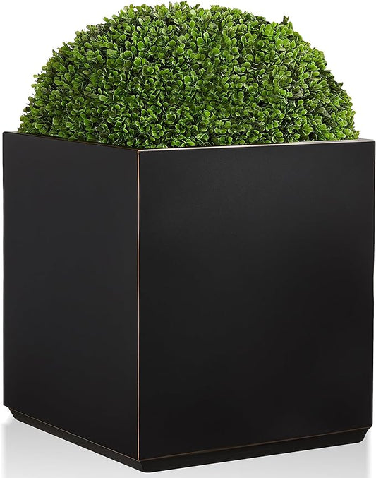 Metallic Heavy Cube Planter Box, No Assemble, Seamless Large Square Planter for Trees, Plants and Flowers 21”Lx21”Wx24”H 35Pounds Black with Hand Brushed Gold Rim