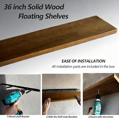 ROGMARS 36 Inches Long Walnut Floating Shelves, Rustic Solid Wood Farmhouse - Image 2