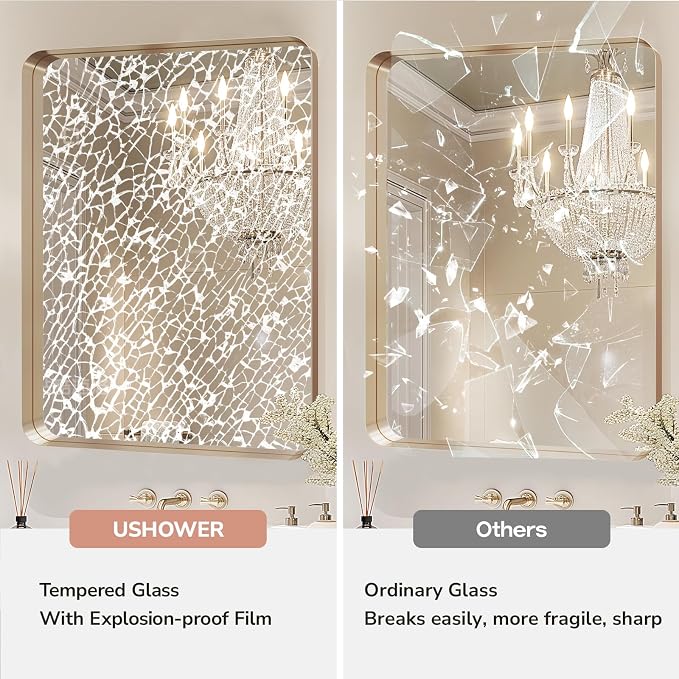 USHOWER Gold Bathroom Mirrors 22"x30" 2 Pack, Brushed Gold Rounded Rectangle - Image 5