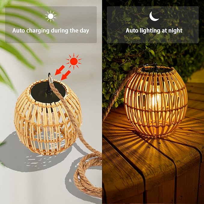 Hanging Solar Lantern Outdoor Waterproof, Large Solar Rattan Lantern Outdoor with Twine Handle, Bright Solar Outdoor Lights with Edison Bulb for Garden Patio Yard Decoration