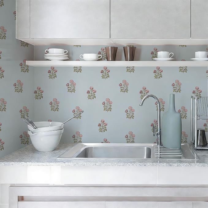 17.3" x 78.7" Vintage Blue Floral Wallpaper Peel and Stick Boho Wallpaper - Image 8
