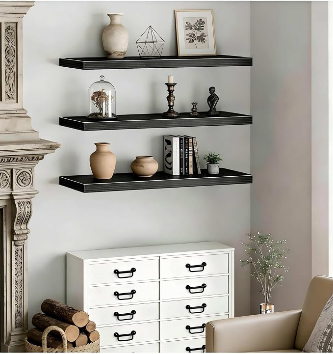 Vervida® Black Floating Shelves, 47.2 in W x 9.3 in D Wall Mounted Wood Shelves - Image 6