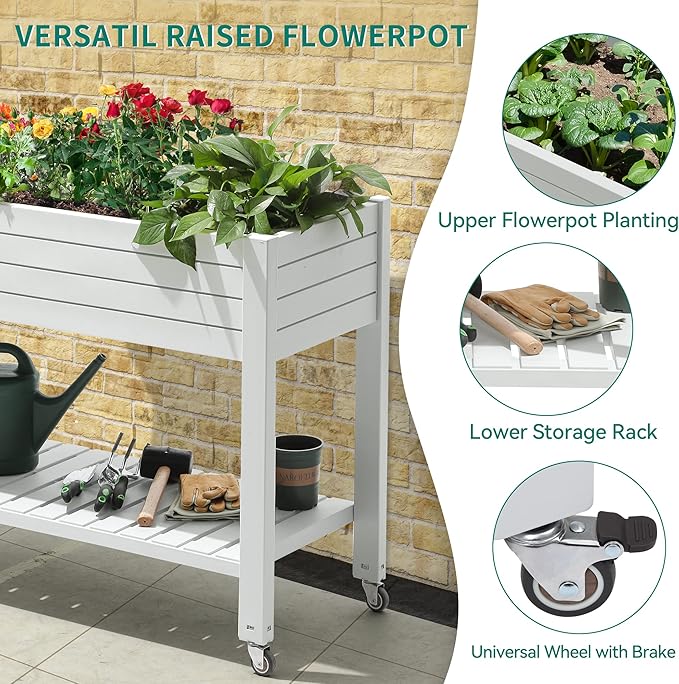 YITAHOME 43.3x17.7x34 in Elevated Garden Bed, Outdoor Plastic Planter Box with Wheels, Legs, Drain Plug, and Storage Shelf for Plants, Vegetables, Flowers, Herbs, Grayish-White