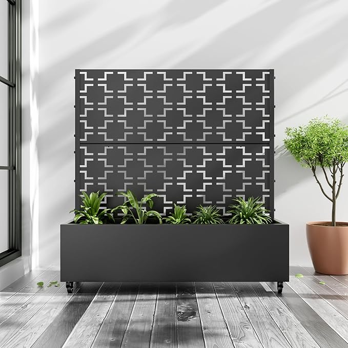 Casaphoria Metal Raised Garden Bed with Trellis and Wheels, 47"x47"x16" Planter Box for Climbing Plants, Vegetables & Vines, Features Drainage Holes and Privacy Screen (Black-Brick)