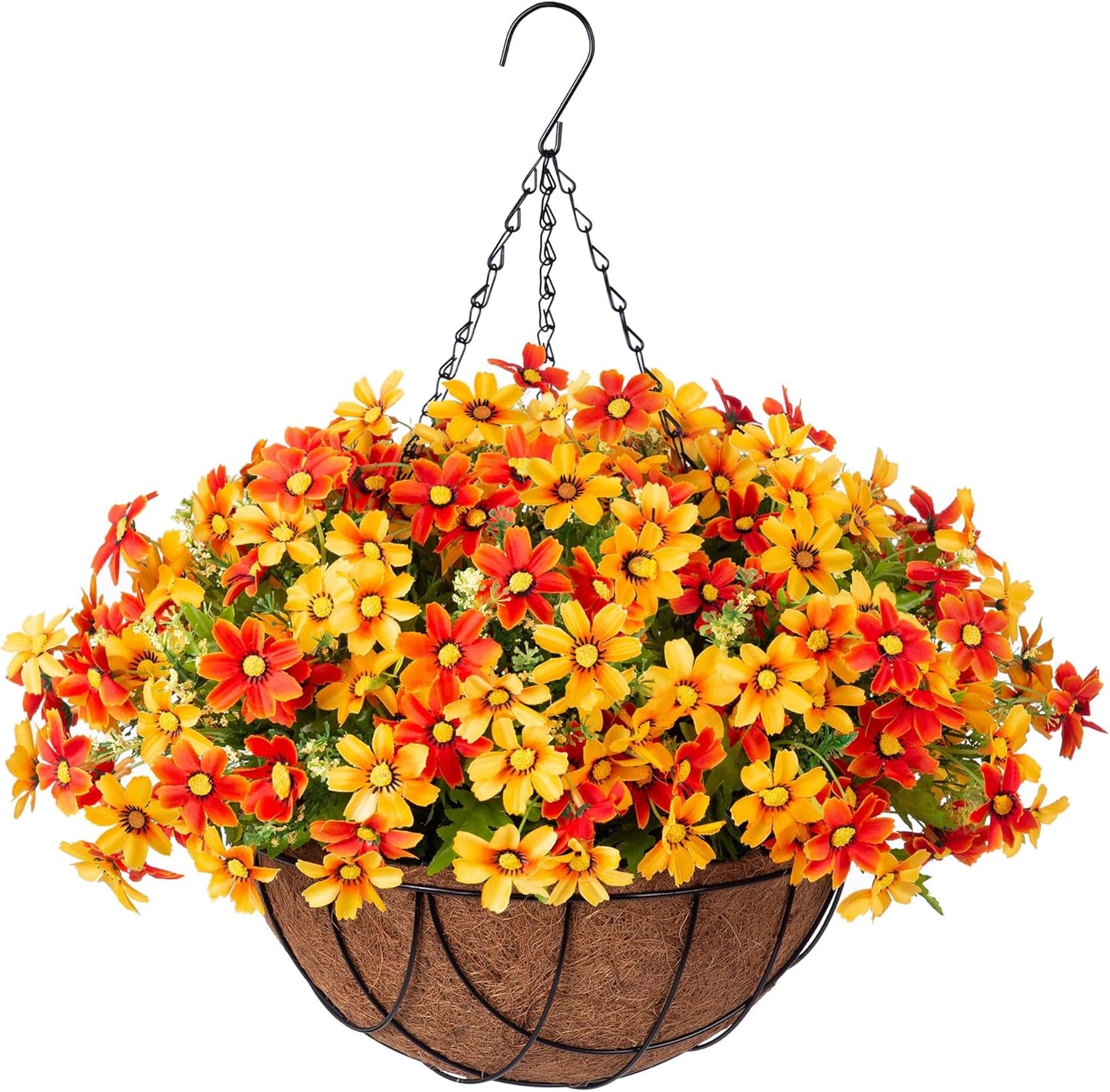 Artificial Silk Flowers Hanging Baskets Outdoors,Chrysanthemum with Eucalyptus Leaves Arrangement for Garden Yard Decor,Faux Plant in Metal Coconut Lining Flowerpot(Orange)