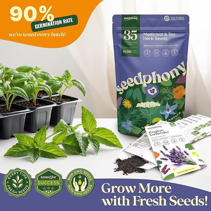 35 Medicinal & Tea Herb Seeds Variety Pack - 16,285+ Non-GMO Heirloom Herbs Seeds for Planting Indoor & Outdoor: Lavender, Rosemary, Echinacea, Mint, Catnip, Basil - Gardening Seed Packets