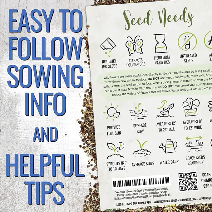 Seed Needs Low Growing Wildflower Flower Seeds for Planting | 10 Packs (1 Ounce Each) Mixture/Blend 17 Varieties | Resealable Package Multicolored Blooms Open Pollinated Mixed Species | Bulk