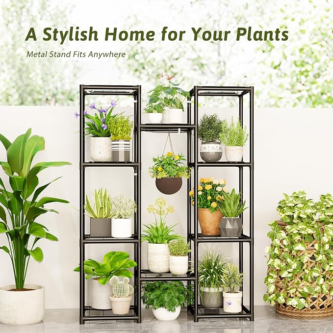 Plant Stand With Grow Lights Plant Stand Indoor Plant Shelf Metal Plant Rack Plant Holder Flower Pot Stand for Multiple Plants for Living Room Patio Balcony Garden Porch Black