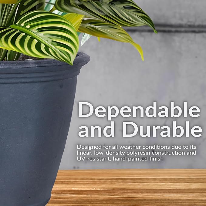 Sunnydaze 24-Inch Anjelica Large Plastic Pot for Plants - Outdoor Polyresin Round Planter with Drillable Drainage Holes - Slate - 4pk