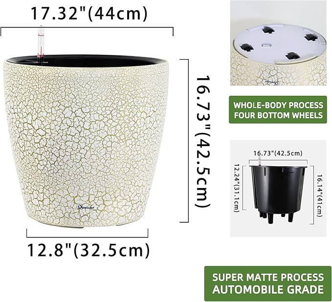 Dexceder 18x17 Self Watering Planter with Wheels Indoor Outdoor, Inner Pot Design, Thickened Large Floor Standing Flower Plant Pot with Water Level Indicator (White Gold Crackle)