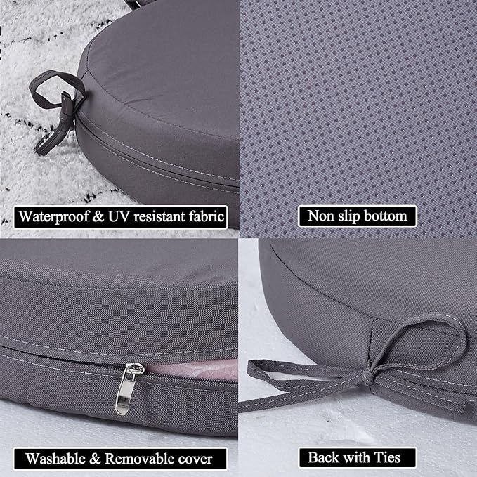 15 x 15 Inch Round Cushions for Outdoor Furniture Non-Slip Waterproof Patio Bistro Chair Cushion with Ties Bar Stool Seat Cushion for Kitchen Chairs Set of 2, Dark Gray
