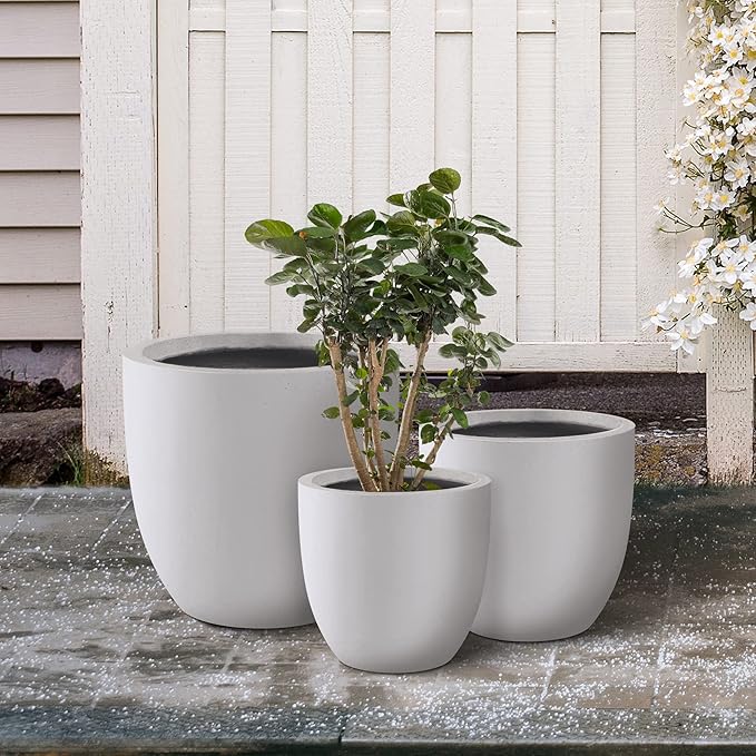 Kante 18",14",10" Dia Concrete Round Planters (Set of 3), Outdoor Indoor Large Planter Pots with Drainage Hole for Home Patio Garden, Pure White