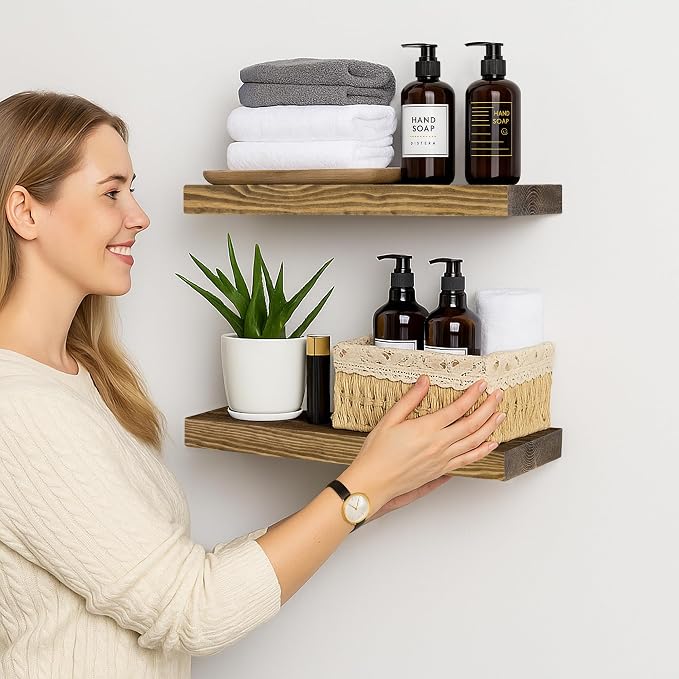 BGMG Wood Floating Shelves for Wall 18 inch Set of 2, Rustic Wooden Wall Mount - Image 7