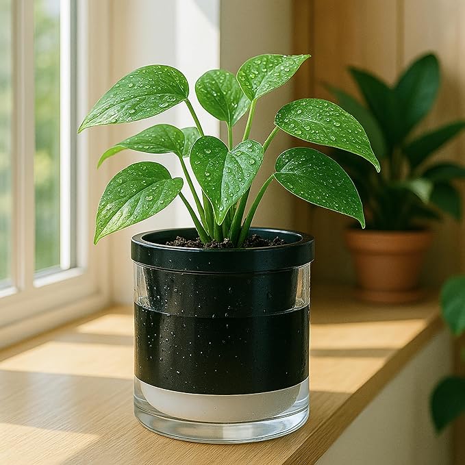D'vine Dev 6 Inch Design Self Watering Planter for Indoor Plants, Black Terracotta Pot with Cylinder Glass Cup, 37-X-B-3