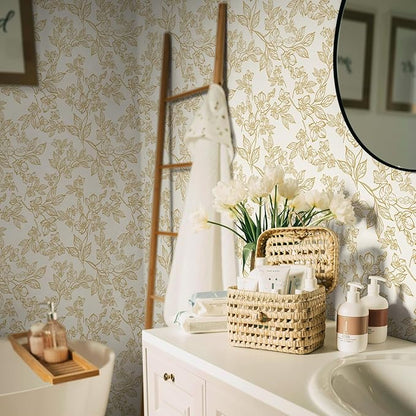 Ismoon Floral Wallpaper Peel and Stick Vintage Flower Beige and Gold Contact - Image 7