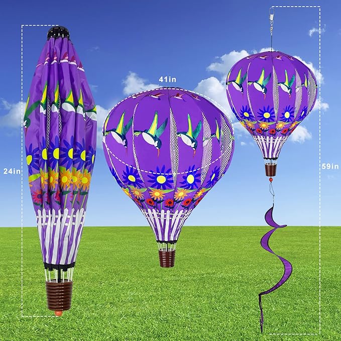 2 PCS Gaint Hot Air Balloon Wind Spinners 59 inch Garden Wind Spinner Large Hummingbird Ladybug Spinners Hanging Wind Socks Twisted Whirlygig Windmill for Yard Garden Lawn Outdoor Decorations