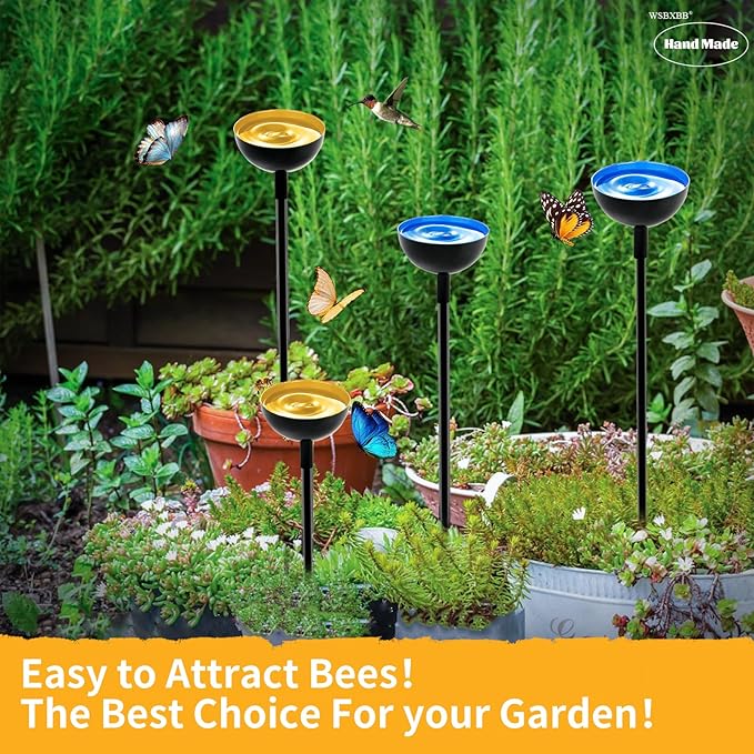 2 Pack Bee Cups For Garden, Bee Waterer And Butterfly Water Stations, Bee Water Catcher Cups For Thirsty Pollinators, Bee Bath, Colorful Metal Garden Sculpture Stakes Decor, Bee Houses For The Garden
