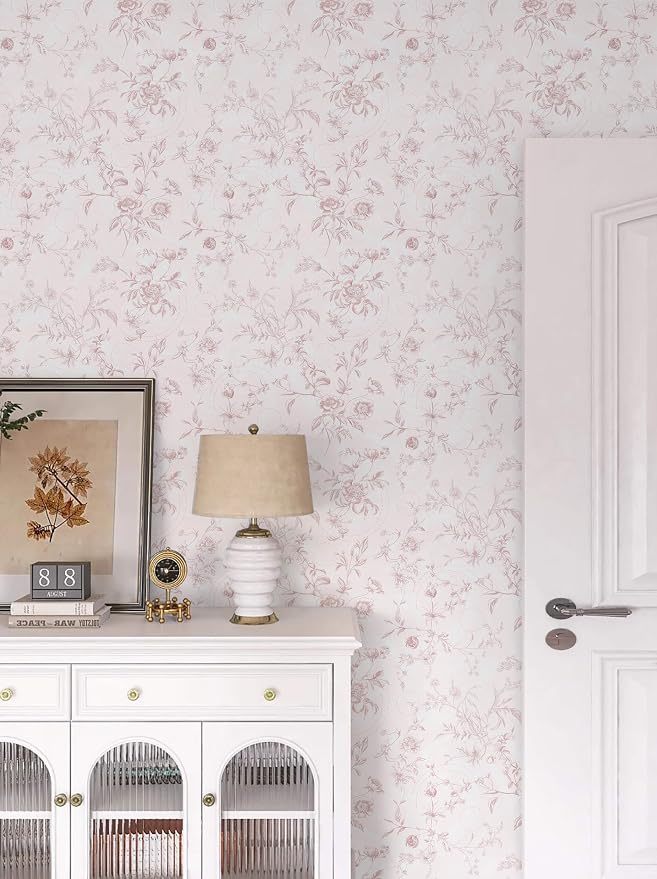 Ismoon Peel and Stick Wallpaper Floral Pink Stick on Wall Paper Vintage French - Image 9