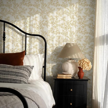 Ismoon Floral Wallpaper Peel and Stick Vintage Flower Beige and Gold Contact - Image 4