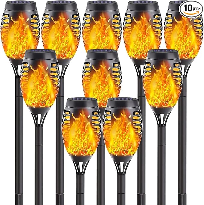 10 Pack Solar Lights Outdoor, Mini Solar Torch Lights with Flickering Flame for Garden Decor, Waterproof Solar Powered Outdoor Lights Solar Flame Torches for Pathway Patio Yard Porch Outside Decor