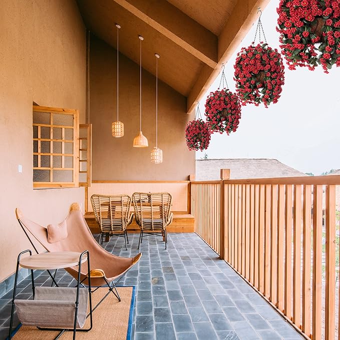 Hanging Baskets Artificial Flowers for Outdoor Interior Decor, Artificial Daisies Flowers Shrubs Plants with Baskets for Home Porch Garden Patio Patio Spring Summer Decor(Red)