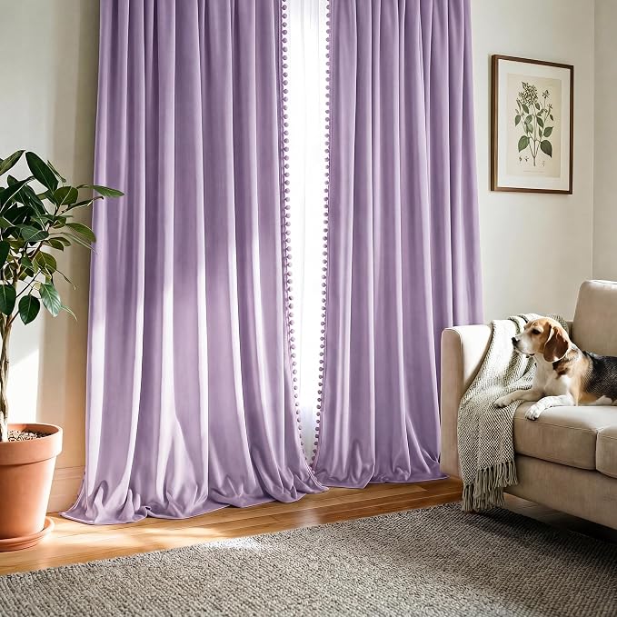 NICETOWN Lilac Purple Velvet Curtains 96 Inch Length – Pom Pom Room Darkening - Image 7