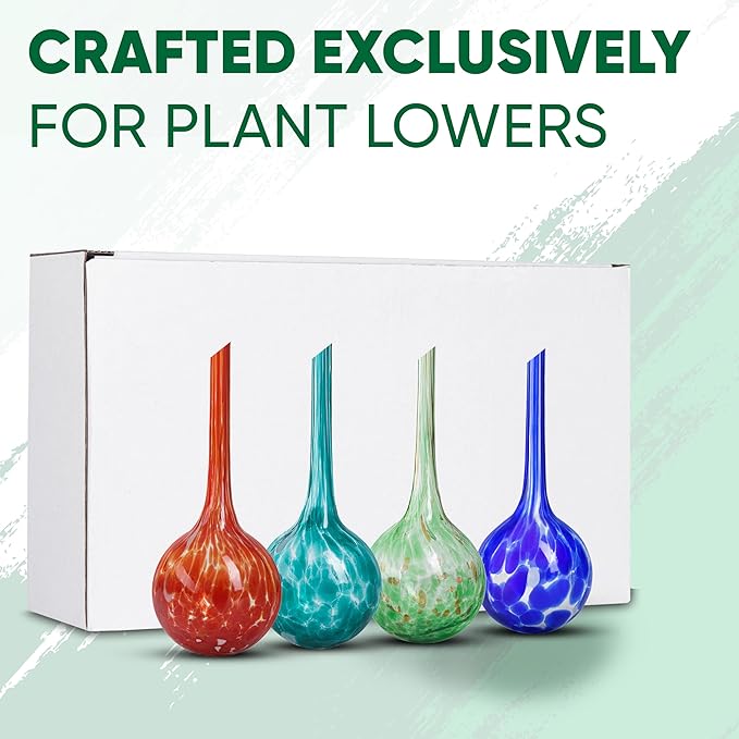 Plant Watering Globes Set of 4 - Small Self Watering Globes for Indoor & Outdoor Plants - Multicolored, Automatic, Glass Watering Bulbs for Daily Use, Plant Watering Devices