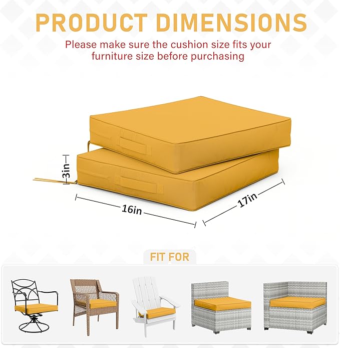 Patio Chair Cushions 17 X 16 X 3 Inch Waterproof Outdoor Seat Cushions for Patio Furniture, Outdoor Sofa Couch Pads with Ties & Handle, Set of 2, Yellow