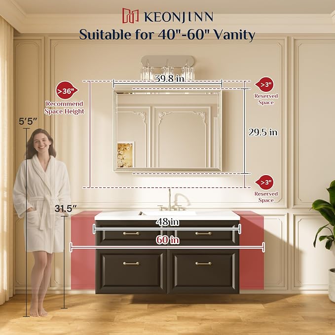 Keonjinn Gold Bathroom Mirror 40" x 30", Tempered Glass - Image 5
