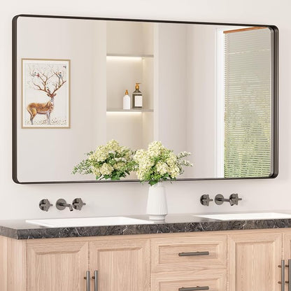 Keonjinn Black Bathroom Mirror, 55” x 30” Rounded Rectangle Sandblasted Finish by Keonjinn