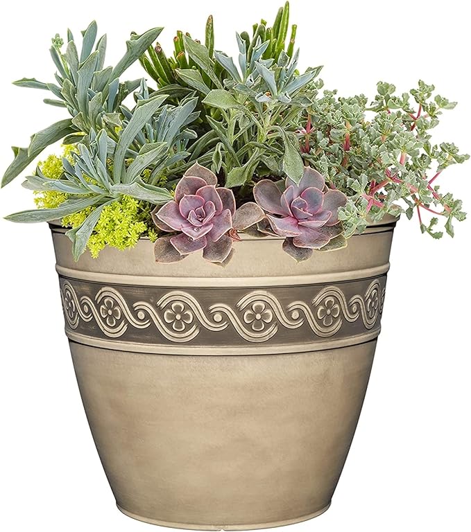 Classic Home and Garden Corinthian Resin Flower Pot Planter, Concrete Grey, 10"