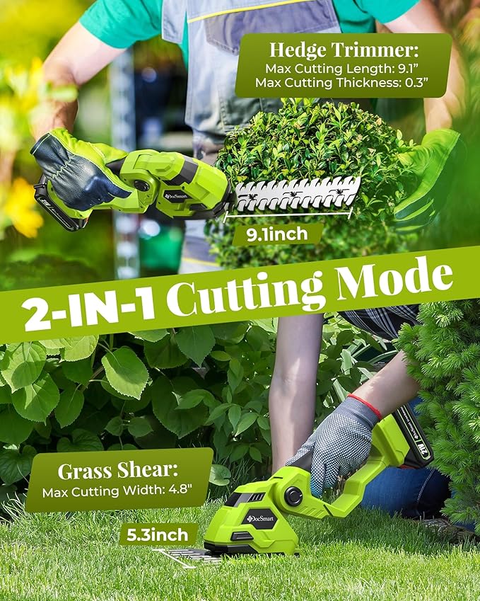 Hedge Trimmer Cordless with Battery, 2-in-1 Electric Handheld Grass Shear Cutter with 2 Pack Rechargeable Battery, Mini Bush Trimmer Kit for Garden Yard Lawn Pruning, Green