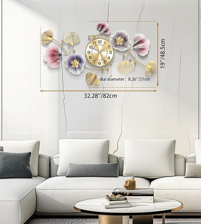 Wall Clocks for Living Room Decor, Large Wall Clock, 3D Creative Metal Ginkgo - Image 3