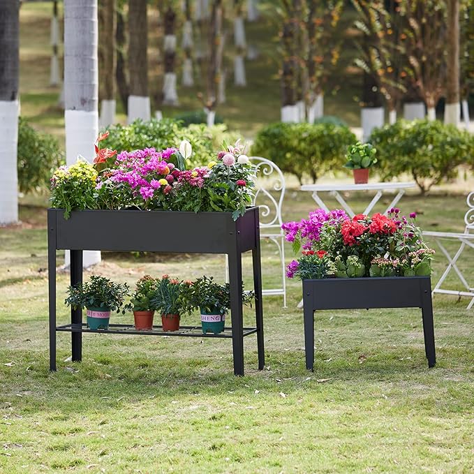 Raised Garden Bed, Elevated Planter Black Metal Plant Box with Legs Standing Garden Stand Drainage Holes Black (Black 40" L x 11" W x 31" H)