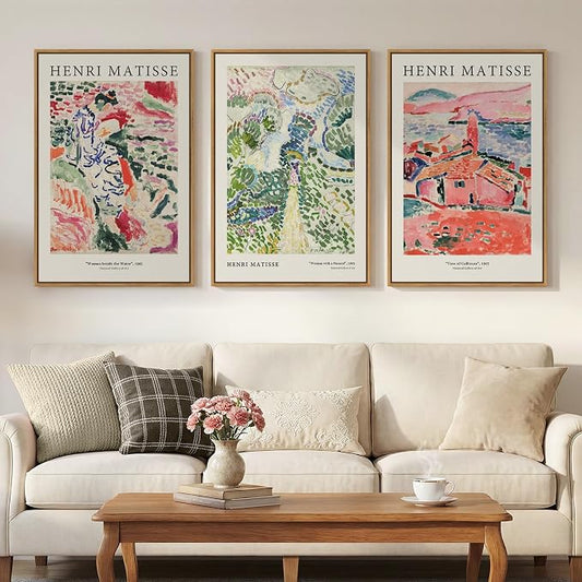Framed Abstract Matisse Wall Art Set of 3, Vintage Colorful Landscape Canvas by Cuspin