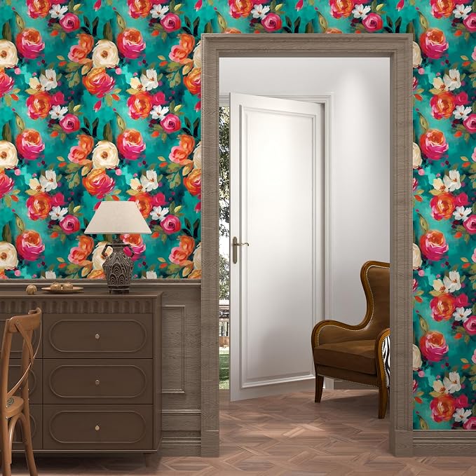 BOKEBEVE Watercolour Floral Peel and Stick Wallpaper Boho Vibrant Contact Paper - Image 2