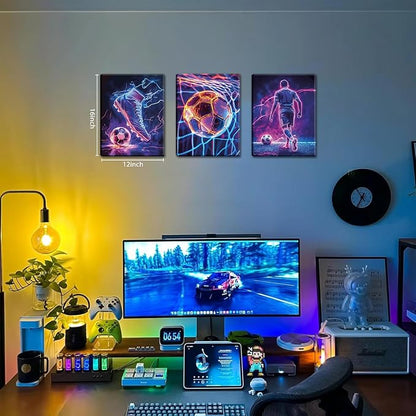 Cool Soccer Gaming Wall Art Set of 3, Neon Video Gamer Canvas Pictures - Image 3